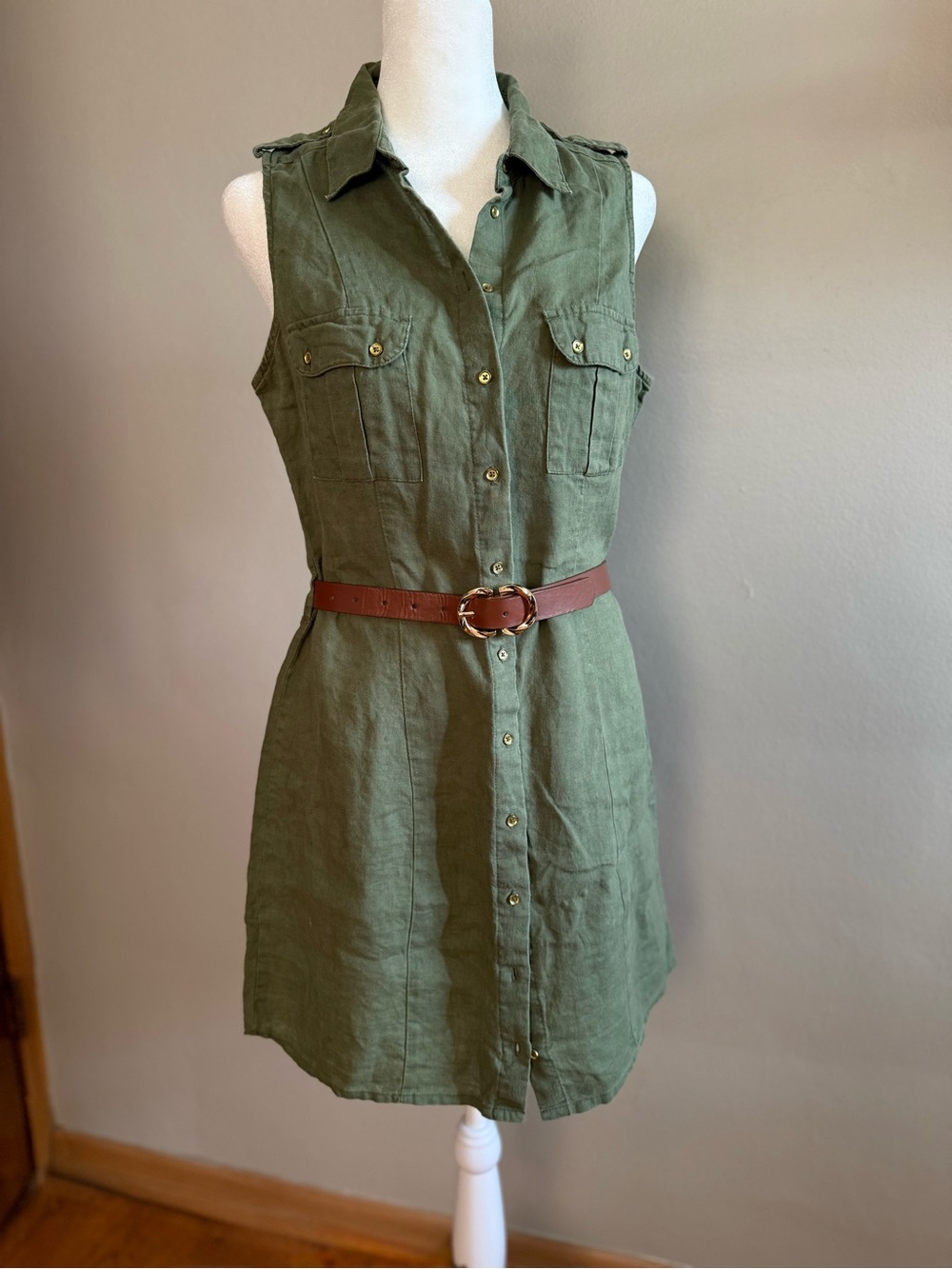 Guess Olive Green Sleeveless Button-Front Shirt Dress